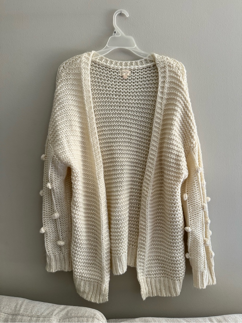 Cream Open-Front Pom-Pom Sleeve Knit Cardigan Women’s M/L